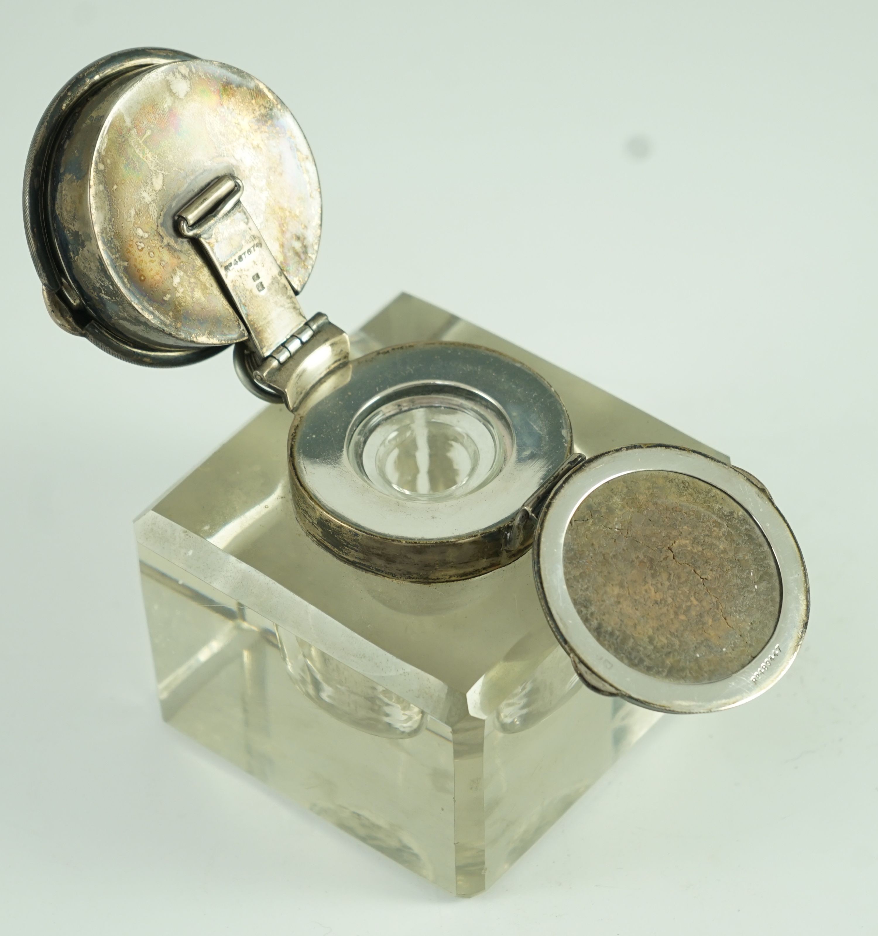 An Edwardian silver mounted glass combination pocket watch holder/inkwell, by John Charles Grinsell